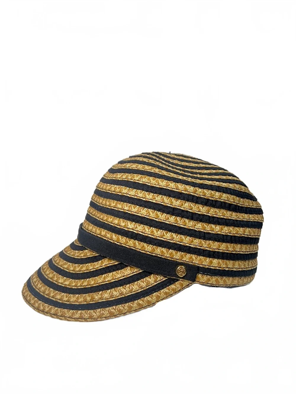 Eric Javits Striped Straw Cap Black Tan Woven Straw Baseball Cap